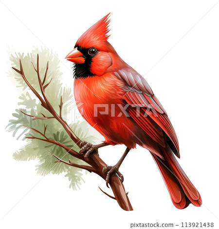 Northern cardinal bird on the branch a white background. Bird, Wildlife Animals. Illustration, Generative AI. 113921438