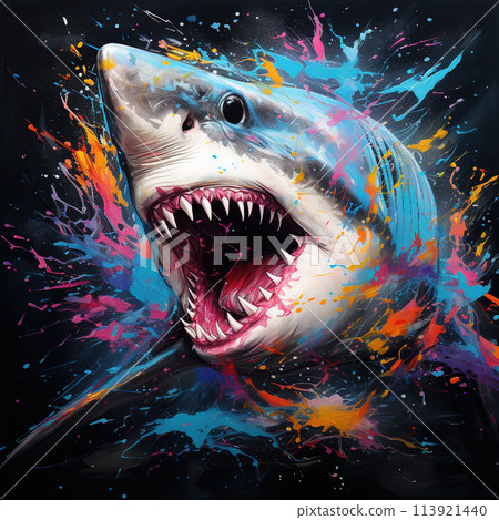 Shark with sharp teeth on black background. Undersea animals. Illustration, Generative AI. 113921440