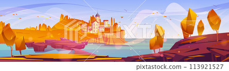 Autumn village landscape with house and tree scene Autumn village landscape with house and tree scene 113921527