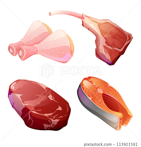 Meat and fish slices set on white background 113921581
