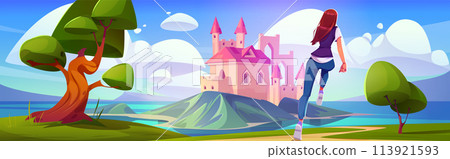 Young woman running to ancient castle Young woman running to ancient castle 113921593