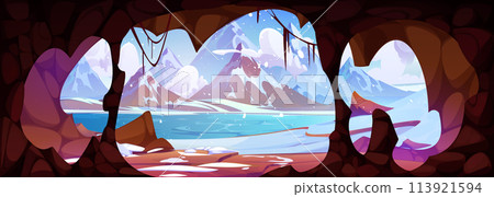 View from inside of cave on winter landscape View from inside of cave on winter landscape 113921594