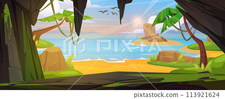 View from inside of cave on sea, ocean sand beach View from inside of cave on sea, ocean sand beach 113921624
