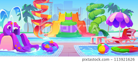 Summer waterpark with water pools and slides. 113921626