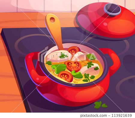 Red pan with vegetables soup on kitchen stove 113921639