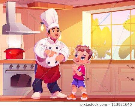 Chef teaching boy to cook in kitchen Chef teaching boy to cook in kitchen 113921640
