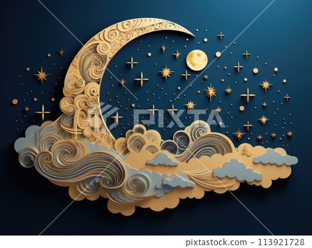 Abstraction Moon candlesticks apllication. Postcard Nights of moon and stars. Night sky 113921728