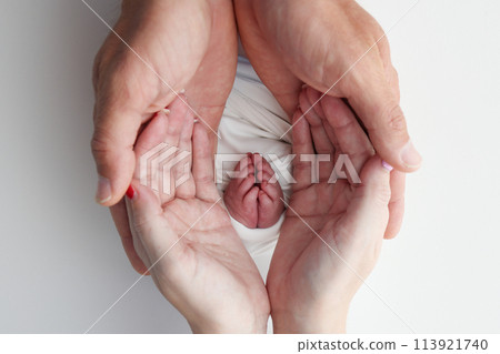 The palms of the father, the mother are holding the foot of the newborn baby in a white blanket. Feet of the newborn on the palms of the parents. Studio macro photo of a child's toes, heels and feet The palms of the father, the mother are holding the foot of the newborn baby in a white blanket. Feet of the newborn on the palms of the parents. Studio macro photo of a child's toes, heels and feet 113921740