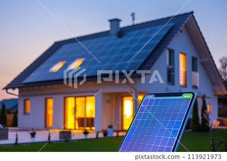 Modern Home with Solar Panels at Twilight 113921973