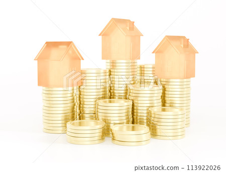Real estate investment concept. Glass houses standing on the coins stacks. Real estate investment concept. Glass houses standing on the coins stacks. 113922026