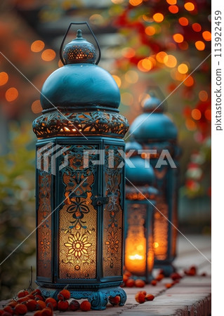 Decorative Arabic lantern with burning candle, glowing in the night. Festive card, invitation to the holy holiday for Muslims Eid al adha 113922459