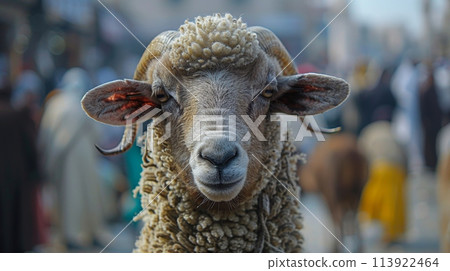 Portrait of a sheep. Eid al-Adha Mubarak holiday, a holiday that is celebrated after the culmination of the annual Hajj. The feast of sacrifice 113922464