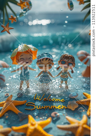 A sunny beach with cartoon characters. postcard. The inscription on the postcard is Welcome summer . 3d illustration 113922511