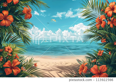 Tropical coast, beach. Sea view. The day of summer. Illustration 113922566