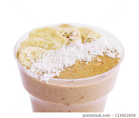 healthy breakfast bowl with yogurt, muesli, banana and coconut 113922656