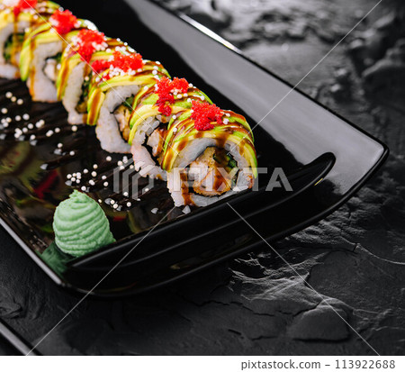 avocado roll sushi with shrimps inside avocado roll sushi with shrimps inside 113922688