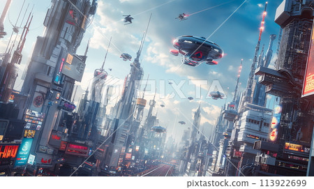 Futuristic Cityscape With Flying Vehicles and Neon Billboards 113922699