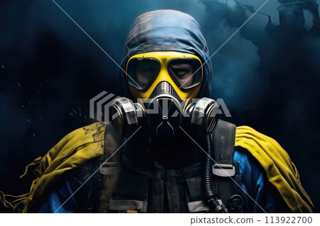 A soldier in a gas mask. On a yellow and blue background. Smoke soldier Ukraine 113922700