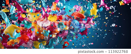 AI generated Abstract vibrant multicolor wet paint splash of drops isolated on blue background 113922768
