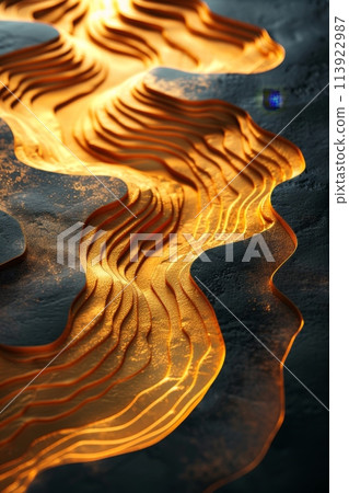 Abstract shiny gold wave design element with glitter effect on a black background 113922987