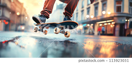 Skateboarder Performing a Trick on a City Street at Twilight 113923031