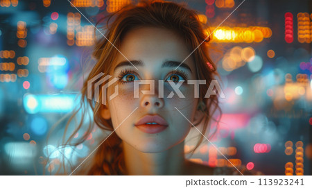Young Woman Gazing Ahead With Colorful Bokeh Lights at Night 113923241