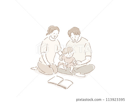 A man (father) sitting with a small child on his lap and a woman (mother) sitting A man (father) sitting with a small child on his lap and a woman (mother) sitting 113923395