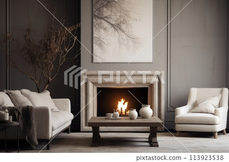 a beautiful fireplace and sofa in the living room. High quality photo generative Ai 113923538