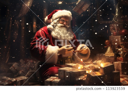a christmas scene of santa claus with gifts 113923539