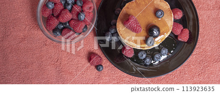 homemade pancakes with raspberries 113923635