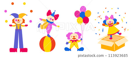 Illustration of four happy clowns, blue Illustration of four happy clowns, blue 113923685