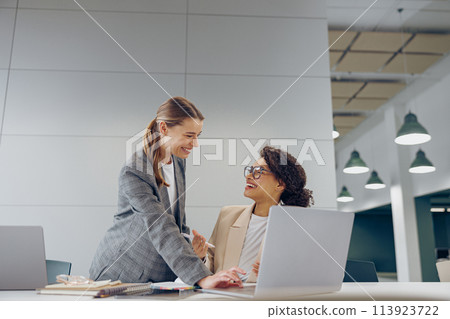 Two busy female coworkers discussing project while working in office and use laptop 113923722