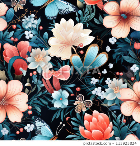 Botanical floral background with butterflies 113923824