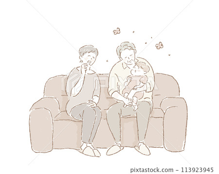 An elderly man sitting on a sofa holding a small child (grandchild, baby) and an elderly woman (grandparent, grandchild) laughing next to him An elderly man sitting on a sofa holding a small child (grandchild, baby) and an elderly woman (grandparent, grandchild) laughing next to him 113923945