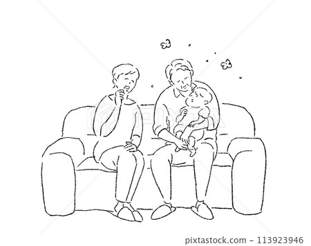 An elderly man sitting on a sofa holding a small child (grandchild, baby) and an elderly woman (grandparent, grandchild) laughing next to him, line drawing An elderly man sitting on a sofa holding a small child (grandchild, baby) and an elderly woman (grandparent, grandchild) laughing next to him, line drawing 113923946