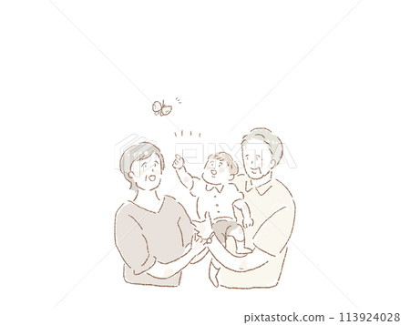 一位老人抱著一個小孩（孫子），一位老人在他旁邊笑，蝴蝶（祖父母、孫子和蝴蝶），白色背景 113924028