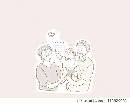 An elderly man holding a small child (grandchild) and an elderly woman laughing next to him, butterflies (grandparents, grandchild and butterfly), pink background 113924031