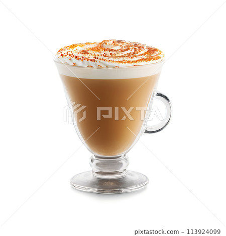 Pumpkin spice latte in a clear glass cup featuring a warm autumnal color and a 113924099