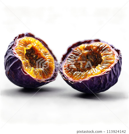 Dried passion fruit halves dark purple with a wrinkled surface spinning dynamically like miniature planets 113924142