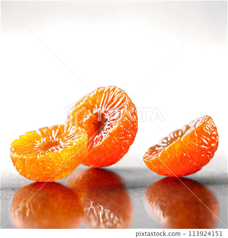 Dried kumquat halves bright orange with a glossy sheen tumbling energetically like miniature acrobats Food 113924151