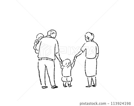 Back view of an elderly man holding a small child (grandchild) and an elderly woman holding the child's hand, (grandparents and two grandchildren), line drawing Back view of an elderly man holding a small child (grandchild) and an elderly woman holding the child's hand, (grandparents and two grandchildren), line drawing 113924198