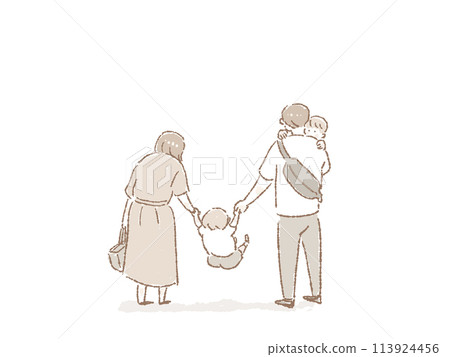 A man holding a small child, a woman holding a child's hand, and a back view of a parent and child (father, mother, and two children) 113924456