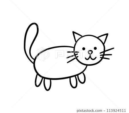 Hand drawn cat. Children kitty in doodle style. Children doodle line drawing. Baby funny cat paint. Vector illustration isolated on white background 113924511