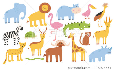 Set of safari animals. Jungle animals collection. African animals. Vector illustration. Flat style. Set of safari animals. Jungle animals collection. African animals. Vector illustration. Flat style. 113924534