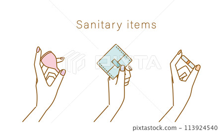 Set of pretty woman's hands holding sanitary products (napkins, tampons, menstrual cups) 113924540