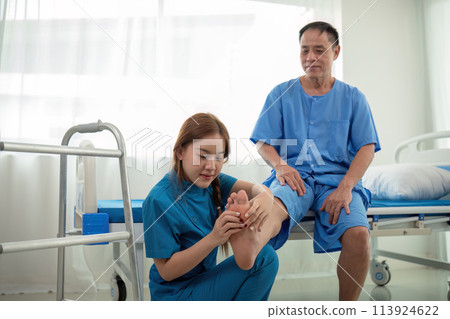 Healthcare, physiotherapist and patient with foot injury, stretching and recovery with treatment, healing or care. physical therapy or consultation Healthcare, physiotherapist and patient with foot injury, stretching and recovery with treatment, healing or care. physical therapy or consultation 113924622