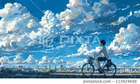 A boy riding a bicycle under the blue sky 113924688