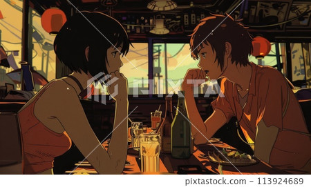 Illustration of a couple in a restaurant 113924689