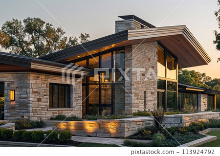 Modern house with striking roof and front rock garden photo with golden lighting to add texture and architectural lines. Modern house with striking roof and front rock garden photo with golden lighting to add texture and architectural lines. 113924792