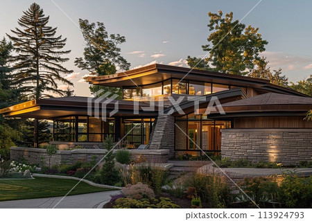 Modern house with striking roof and front rock garden photo with golden lighting to add texture and architectural lines. 113924793